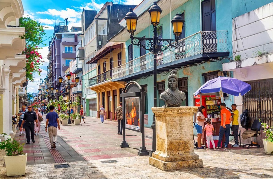 Santo Domingo's Colonial Zone street with historic stone buildings